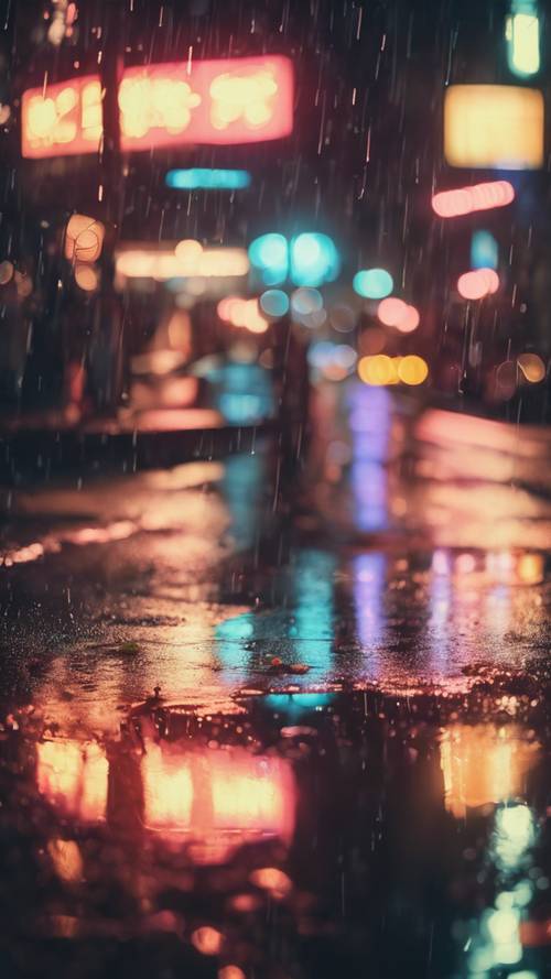 Piękny nocny pejzaż miejski z neonami odbijającymi się w kałużach deszczu