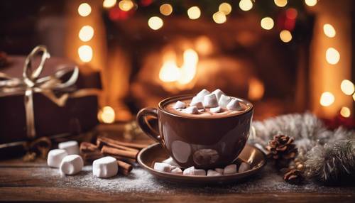 A steaming cup of hot chocolate with marshmallows on a brown wooden table, next to a roaring Christmas fireplace.