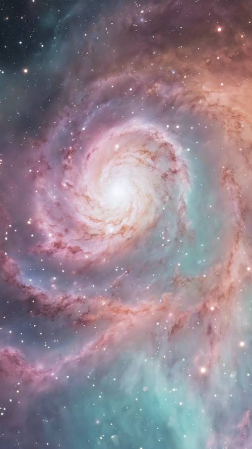 Uma nebulosa em tons pastéis girando com estrelas em um céu aberto