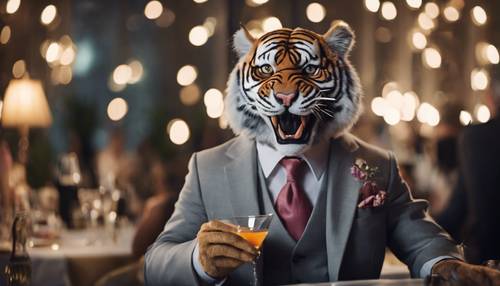 Un tigre preppy risueño, vistiendo un traje gris perfectamente entallado, bebiendo de una copa de martini en un cóctel.