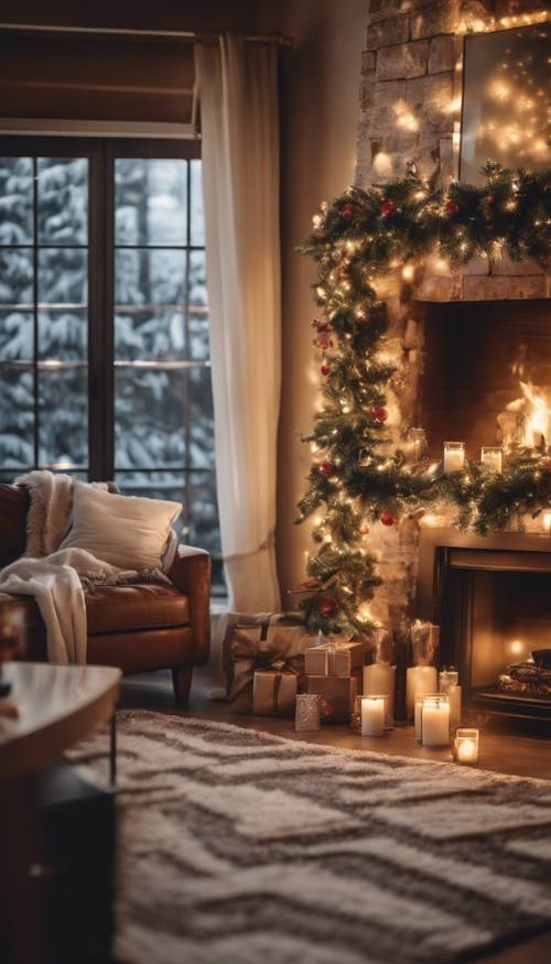 Ruang tamu yang nyaman didekorasi secara elegan untuk Natal dengan lampu-lampu yang bersinar dan perapian yang megah.