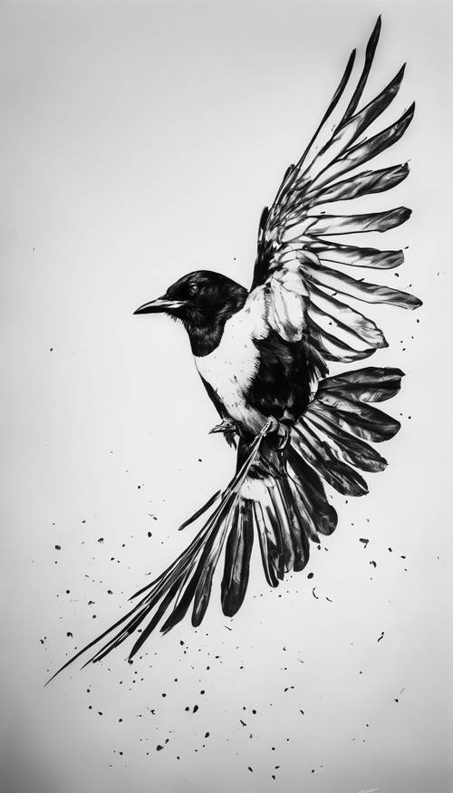 Un disegno astratto con inchiostro nero su tela bianca di una gazza in volo.