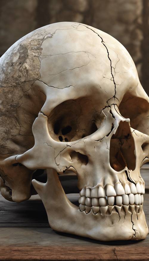 An antique human skull model presented in a 3D format with Earth in the backdrop.