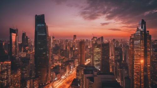 Uma paisagem urbana vibrante ao pôr do sol com arranha-céus contra um horizonte laranja.