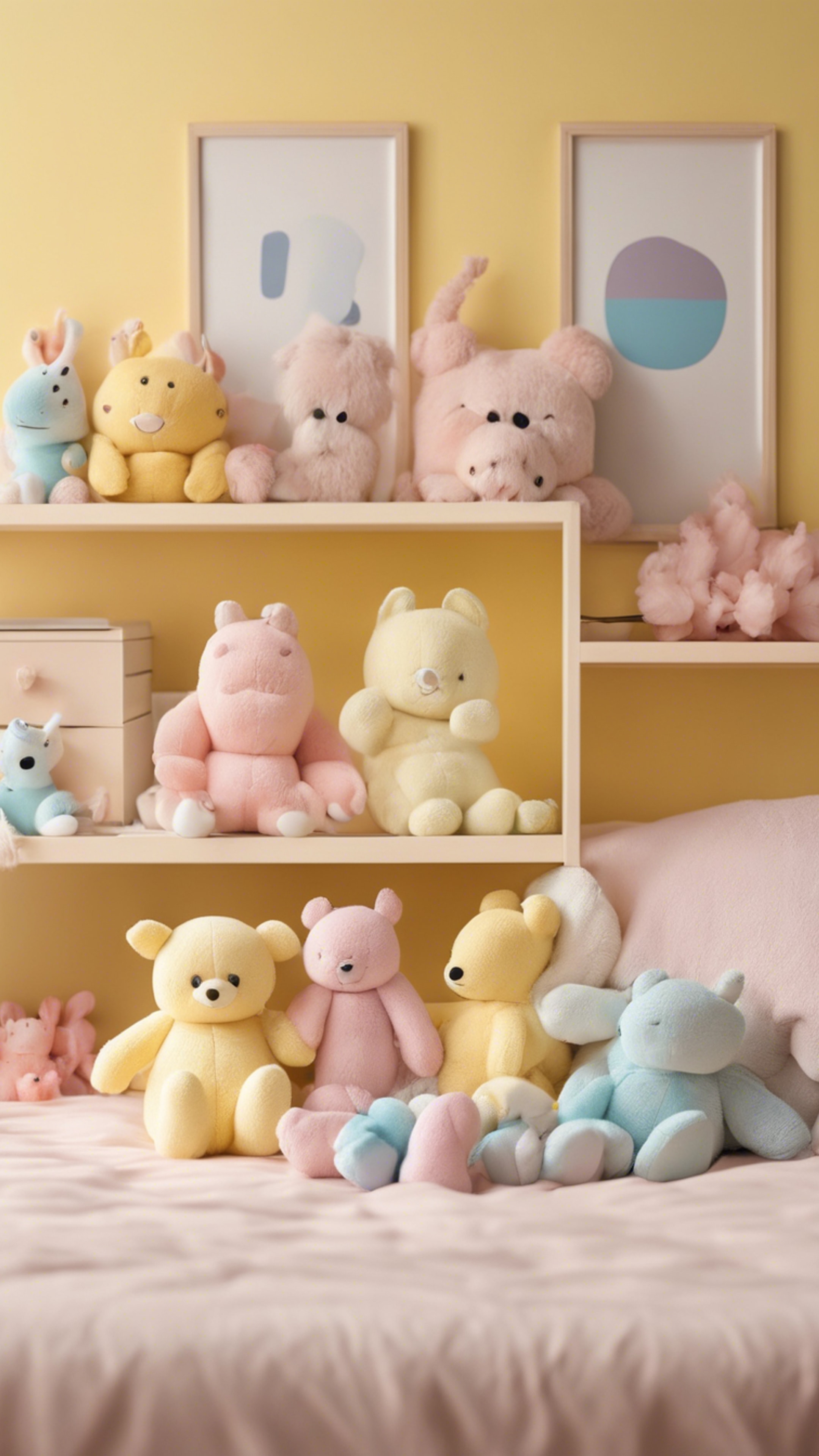 Tidy bedroom with pastel yellow walls decorated with kawaii plush toys. Fond d'écran[bea5098546c74f3e98b3]