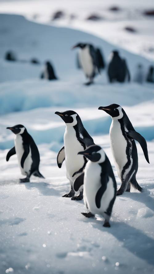 A group of penguins slipping and sliding on icy terrain while attempting to fish.