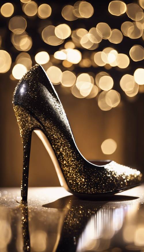 A pair of black stilettos coated in sparkling gold glitter under a spotlight
