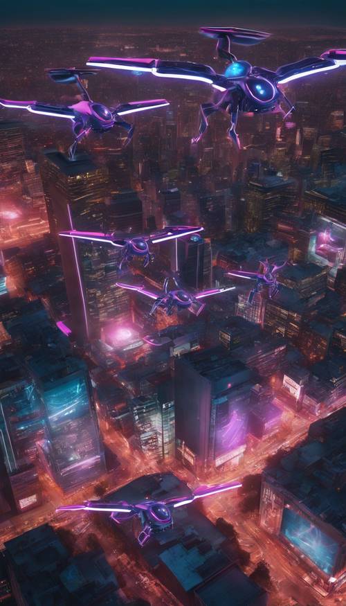 Three neon drones flying over a dense, digitally controlled city during twilight, capturing the surveillance society depicted in Black Mirror. Tapeta [7284c26695574d5ca4ce]