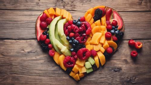 Frutti a fette che formano una forma a cuore, simboleggiando l&#39;amore per una dieta sana.