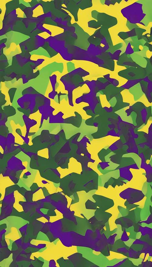Camouflage-Muster mit einer Mischung aus tropischen Farbtönen wie leuchtendem Grün, warmem Gelb und tiefem Lila.