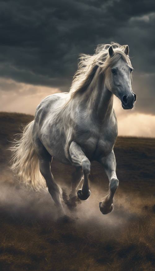 A spectral, galloping horse with glowing eyes and mane, racing across a dark moor under a stormy sky.