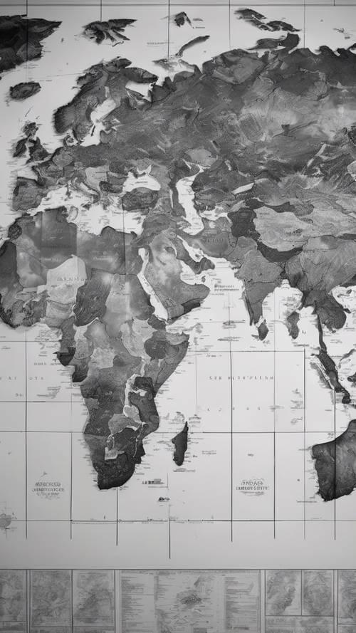 世界の地図がモノクロで印刷されたサテン生地の壁紙