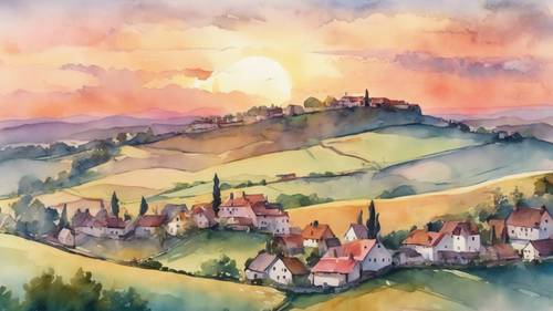 Una vista del atardecer en color acuarela pastel desde una colina con vistas a un pueblo idílico.