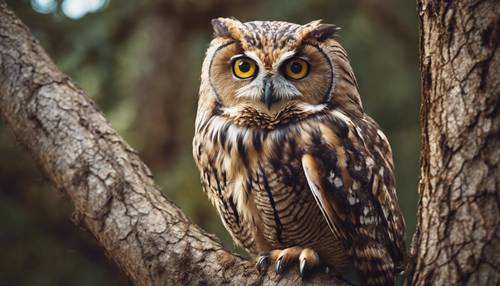 A plump, rigorously active owl, staring from a tree hole with big hooting eyes. Tapeta na zeď [52c57b3b628d472f949e]