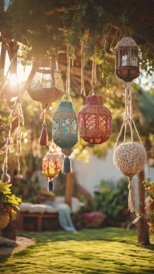 A tranquil and dreamy outdoor boho-style garden with hanging macramé plant holders, colorful boho-style rugs spread on the grass and a cluster of mismatched lanterns, glimmering in the warm light of a setting sun.