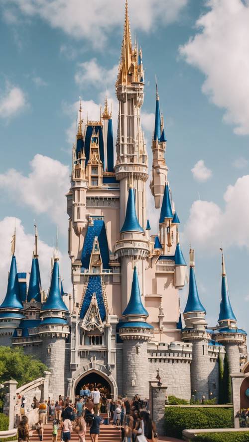 Gambar panorama Kastil Cinderella di Walt Disney World yang ikonik, gemerlap dan megah, dikelilingi oleh tanaman hijau subur dan turis yang ceria.