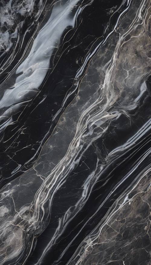 A chunk of smooth, glossy black marble with streaks of gray running through it, bathing in soft daylight. Tapet [6f9c2290ef494c29b2f6]