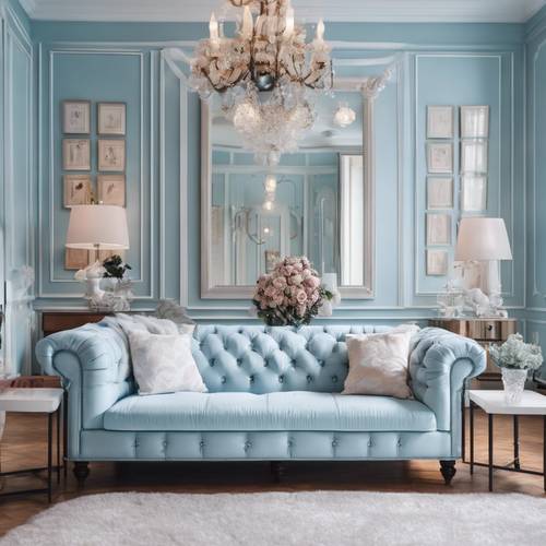 Una habitación de estilo preppy con papel tapiz azul pastel, sofá Chesterfield y muebles blancos de estilo francés”.