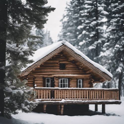 The peaceful serenity of a wooden log cabin surrounded by snow-covered pine trees on a quiet wintry Christmas eve.