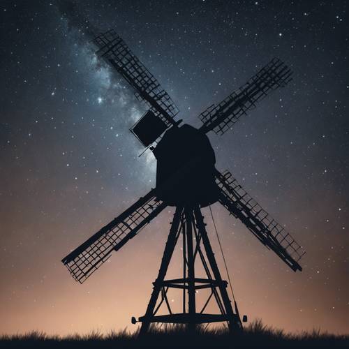 Una silhouette di un tradizionale mulino a vento contro un affascinante cielo notturno stellato.