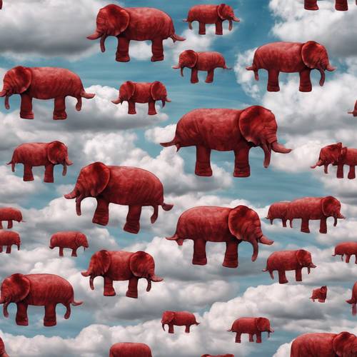Un murale surreale di arte di strada di elefanti rossi che fluttuano in un cielo nuvoloso.