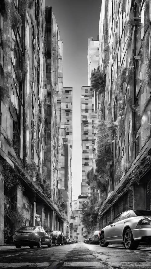 A digital collage in black and white, featuring contrasting themes of nature and urban architecture. Tapet [781defe833d4422b8ec6]