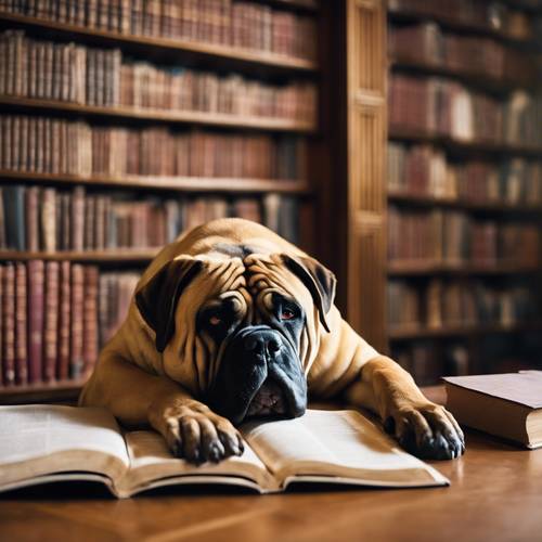 불마스티프는 오래된 영국 도서관, 불타는 벽난로, 주변 책장에서 행복하게 낮잠을 자고 있습니다.