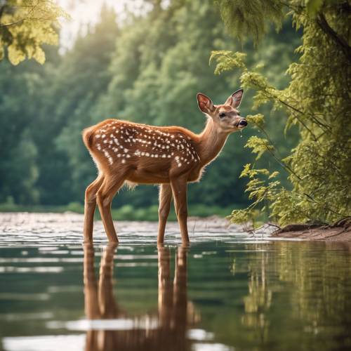 An innocent, light brown baby deer cautiously sipping water from a crystal-clear lake surrounded by verdant woods.