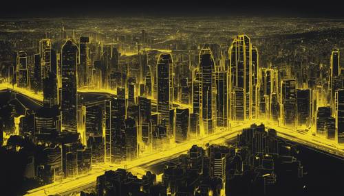 Cakrawala kota terukir dengan lampu kuning neon yang mencolok.