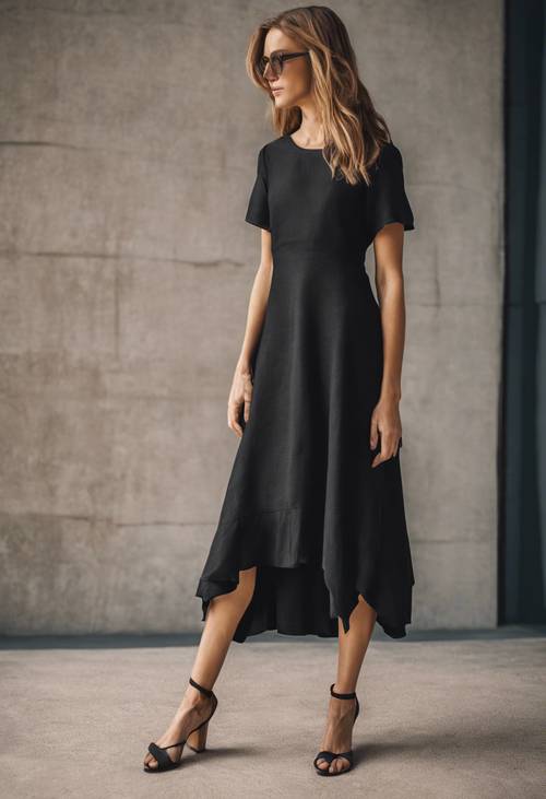 שמלת פשתן שחורה יוקרתית עם קו מכפלת המגיע עד הברך.