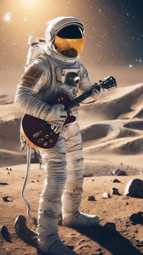 A stylish astronaut playing guitar on the surface of the moon.