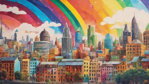 Kolorowy, ręcznie malowany mural przedstawiający pejzaż miejski z szeroką, zakrzywioną tęczą rozciągającą się od jednego końca do drugiego.