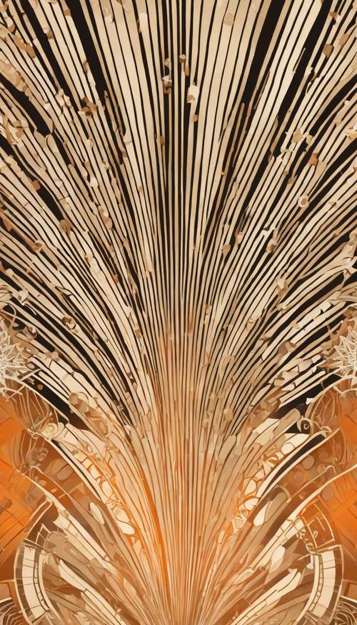 A 1920s Art Deco-inspired wallpaper adorned with sunburst motifs in shades of orange and beige. Tapet [345d79df622749118e00]