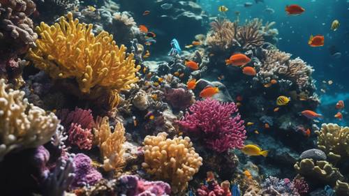 형형색색의 해양 생물로 북적거리는 생동감 넘치는 산호초를 담은 수중 장면입니다.