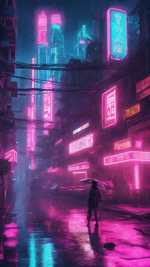 Une enseigne au néon rose scintille dans un paysage urbain cyberpunk teinté de bleu et détrempé par la pluie.