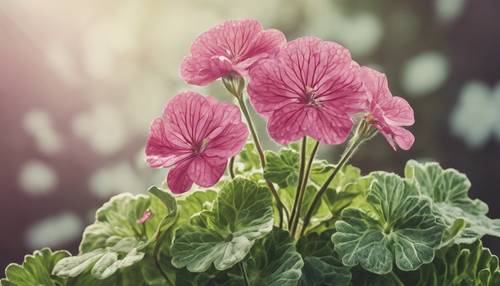 A vintage botanical illustration of a geranium plant with detailed leaves and blossoms. Шпалери [6ededb1096314028bbee]