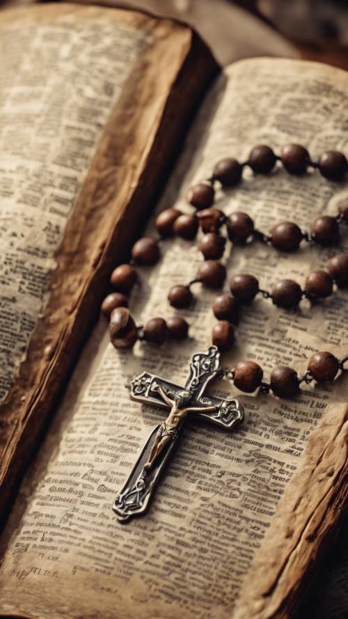 Una vecchia Bibbia in pelle ben usata con un rosario, aperta su un passaggio evidenziato delle Scritture.