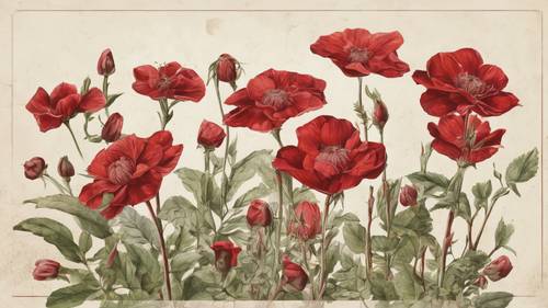 Una ilustración antigua de varias flores rojas con sus nombres latinos.