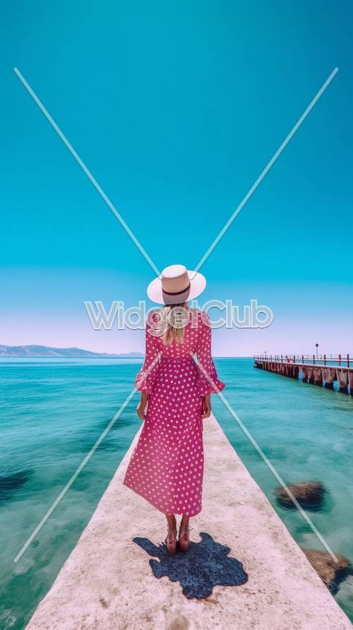 Strandhut-Dame am blauen Meer