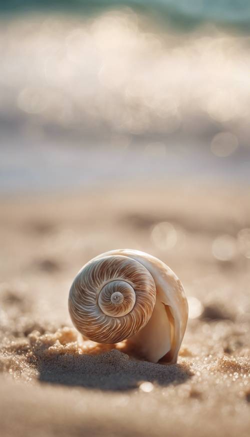 Close up of a nautilus shell against the background of a sandy beach.