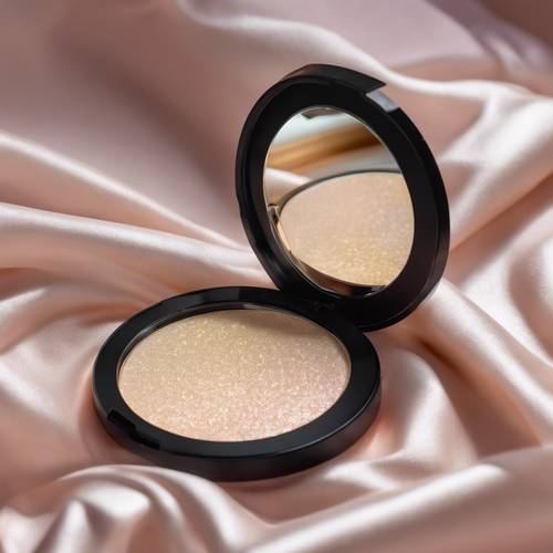 A close up shot of an opalescent pressed powder highlighter in a black case.