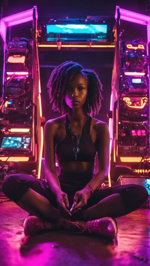 一个在霓虹灯光下的黑人女孩坐在精致的游戏装备前。