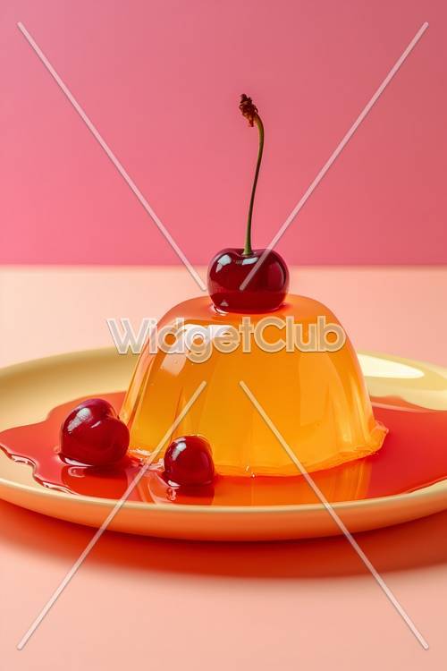 Postre de gelatina de naranja brillante con cerezas encima