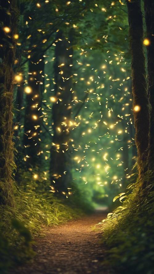 Jalur hutan mempesona yang diterangi oleh cahaya mistis kunang-kunang dan cahaya lembut alami yang menembus kanopi dedaunan di atas kepala.