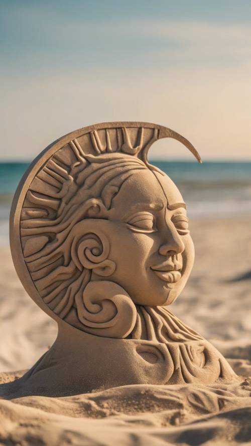 Một tác phẩm điêu khắc cát chuyên nghiệp về mặt trời và mặt trăng ở rất gần trên một bãi biển đông khách du lịch.