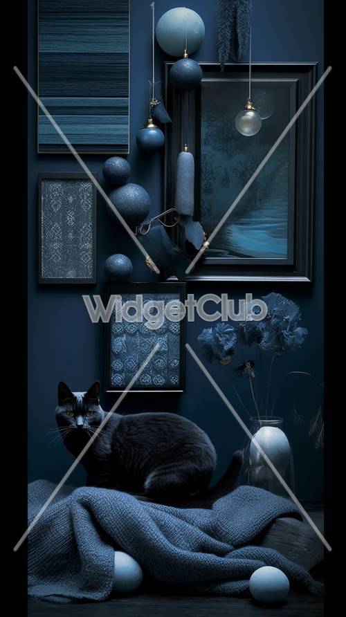 Camera estetica blu scuro con gatto e decorazioni