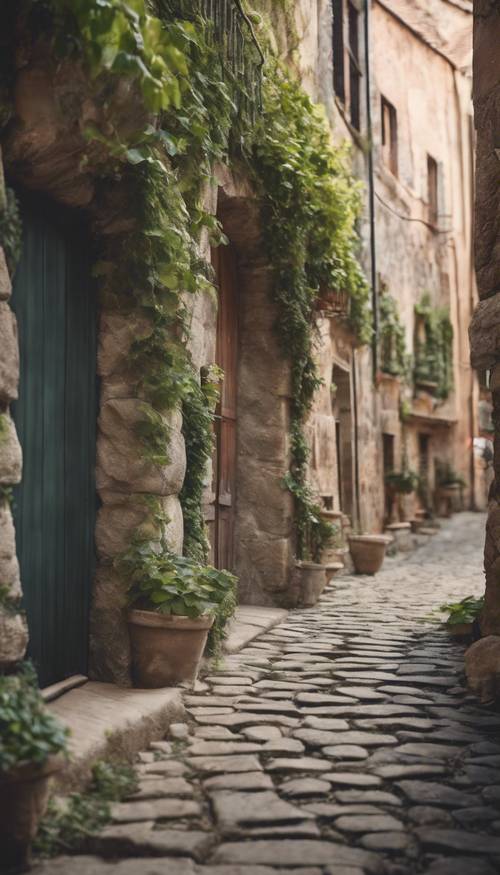 An ancient pastel city with cobblestone streets and ivy-covered stone buildings. Шпалери [80d776ff14c74613b4ab]