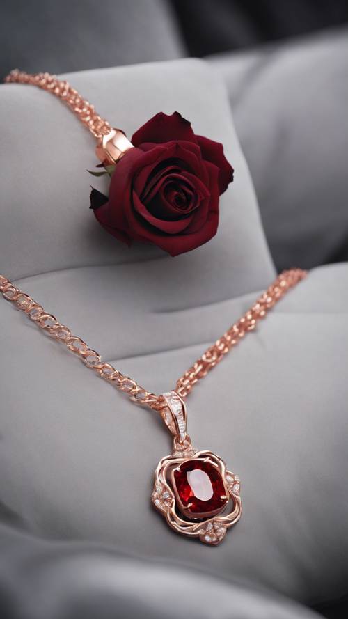 A deep red rose gold necklace on a black velvet cushion.