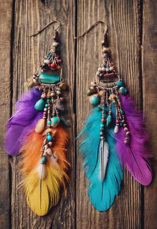 一串色彩缤纷的波西米亚风格羽毛耳环展示在质朴的木质背景上。
