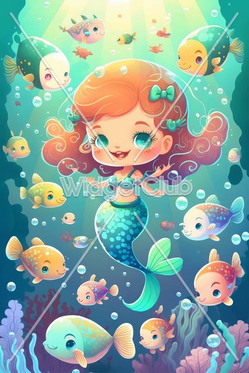 Sirena e pesci amici sotto il mare